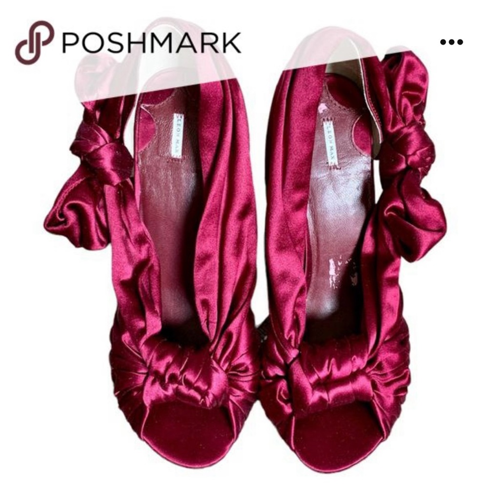 Shoes Leon Max leather, Chloe Burgandy satin bow open…like new, size 9 1/2